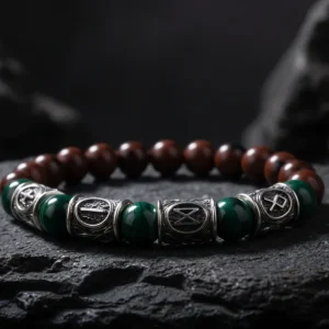 Viking Bracelet with Malachite and Red Obsidian, Engraved Runes of Odin