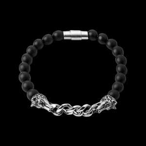Viking Wolf With Black Onyx Beads Bracelet