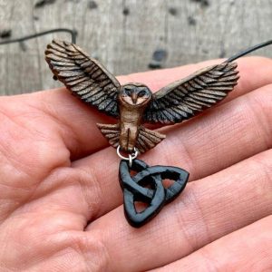 Handcarved Unique Mixed Wood Barn Owl and Triquetra Pendant