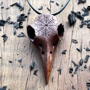 Handcarved Unique Walnut Wood Raven's Skull With Helm OF Awe Pendant