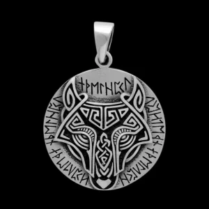 Wolf Head With Runes 925 Sterling Silver Pendant
