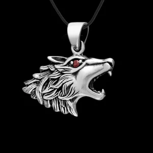 Wolf Head With Red Cubic Zirconia Eye 925 Sterling Silver Pendant