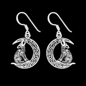 Wolf on Crescent Moon  925 Sterling Silver Earrings